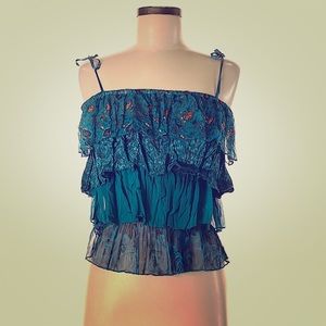 🦄 ruffle layered multi-pattern boho teal tank top